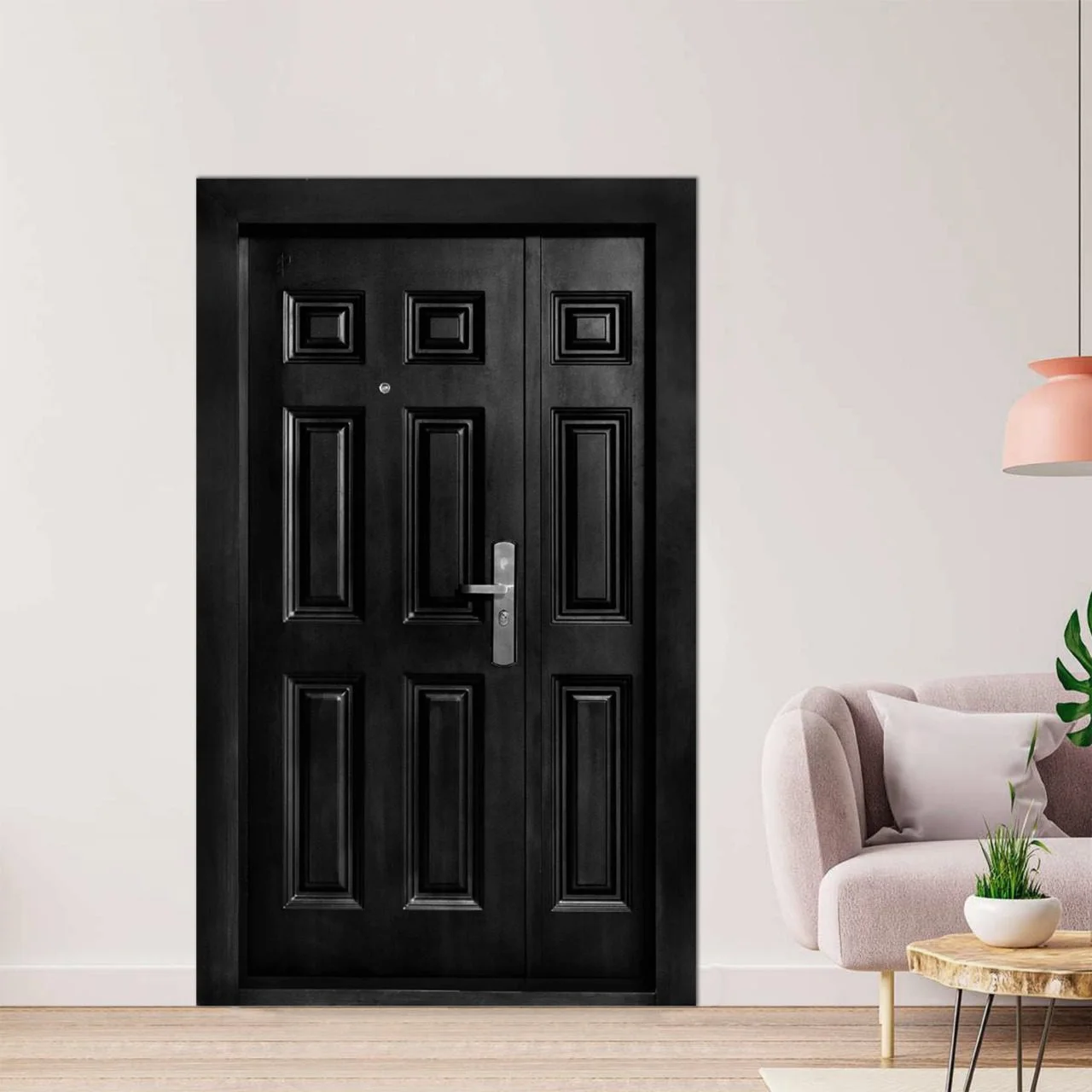 Black six-panel steel twin door in a modern living room