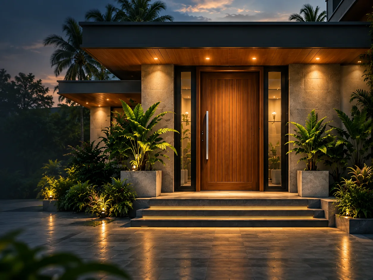 Teak-finish steel main door at a lit entrance of a modern Kerala home