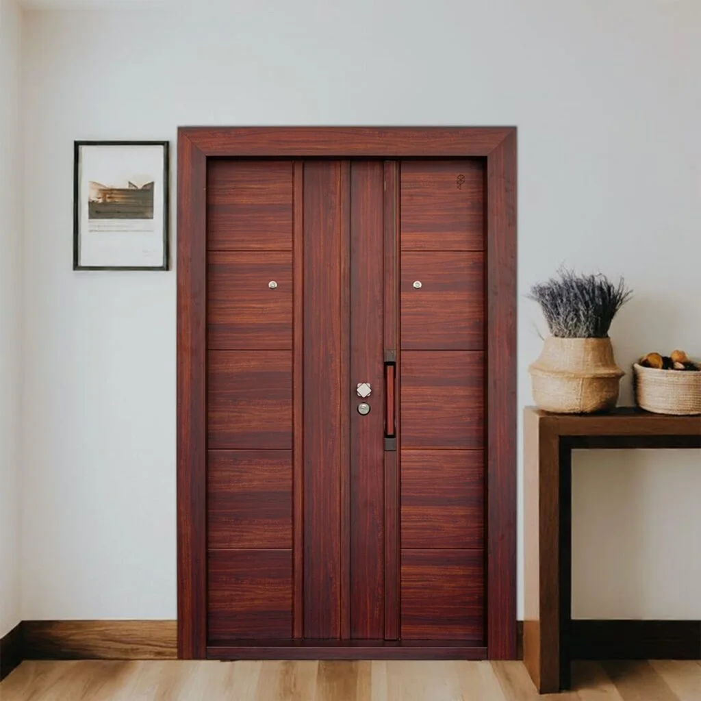 Mahogany-finish twin door in a bright hallway