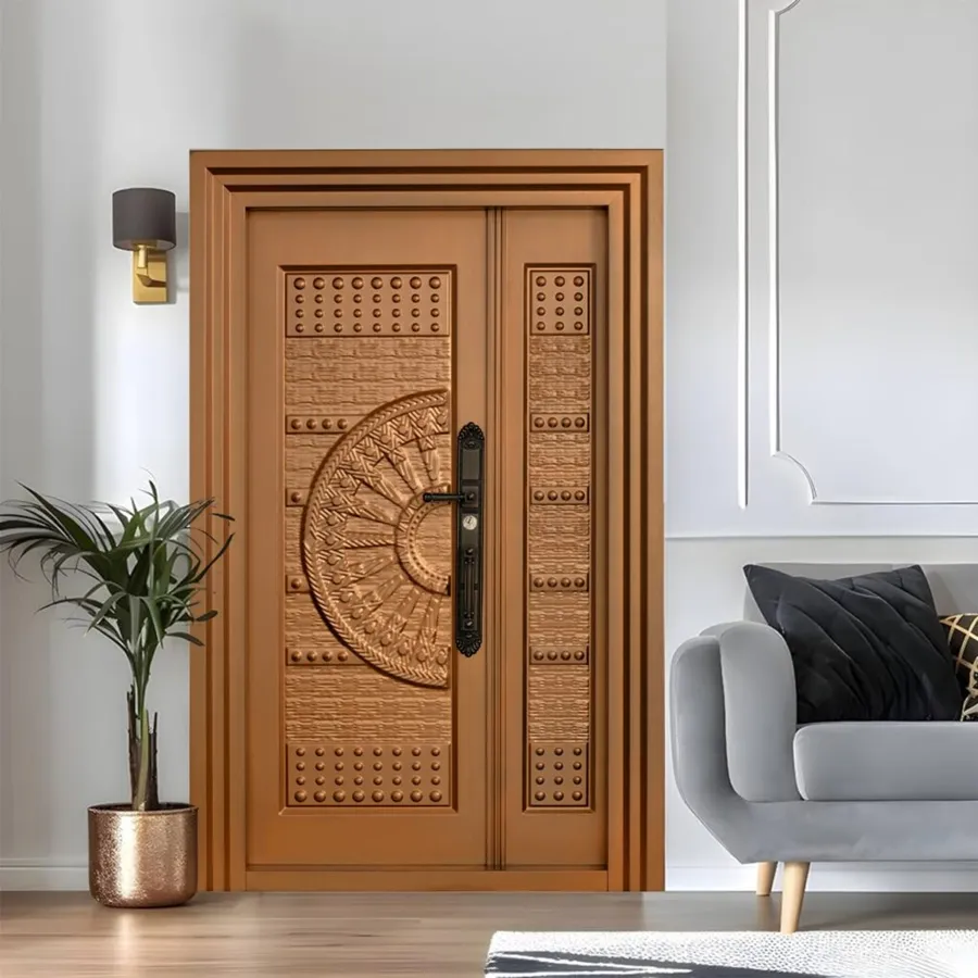 Copper-finish sunburst door